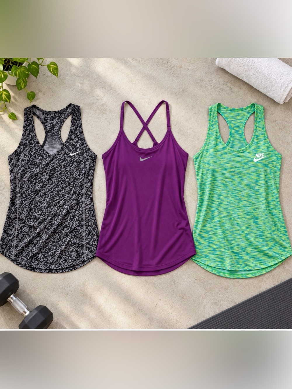 Nike Dri-FIT 3 Tank Top Bundle Women’s Medium Gray Purple Green Racerback